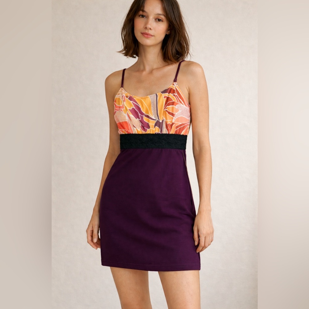 Free People Floral Colorblock Mini Dress | Purple & Orange | Size M | NWT